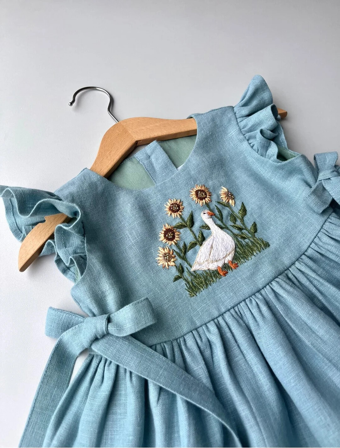 Dress With Goose With Sunflowers Embroidery, Girls Soft Linen Dress, Toddler Linen Dress, First B... | Etsy (US)