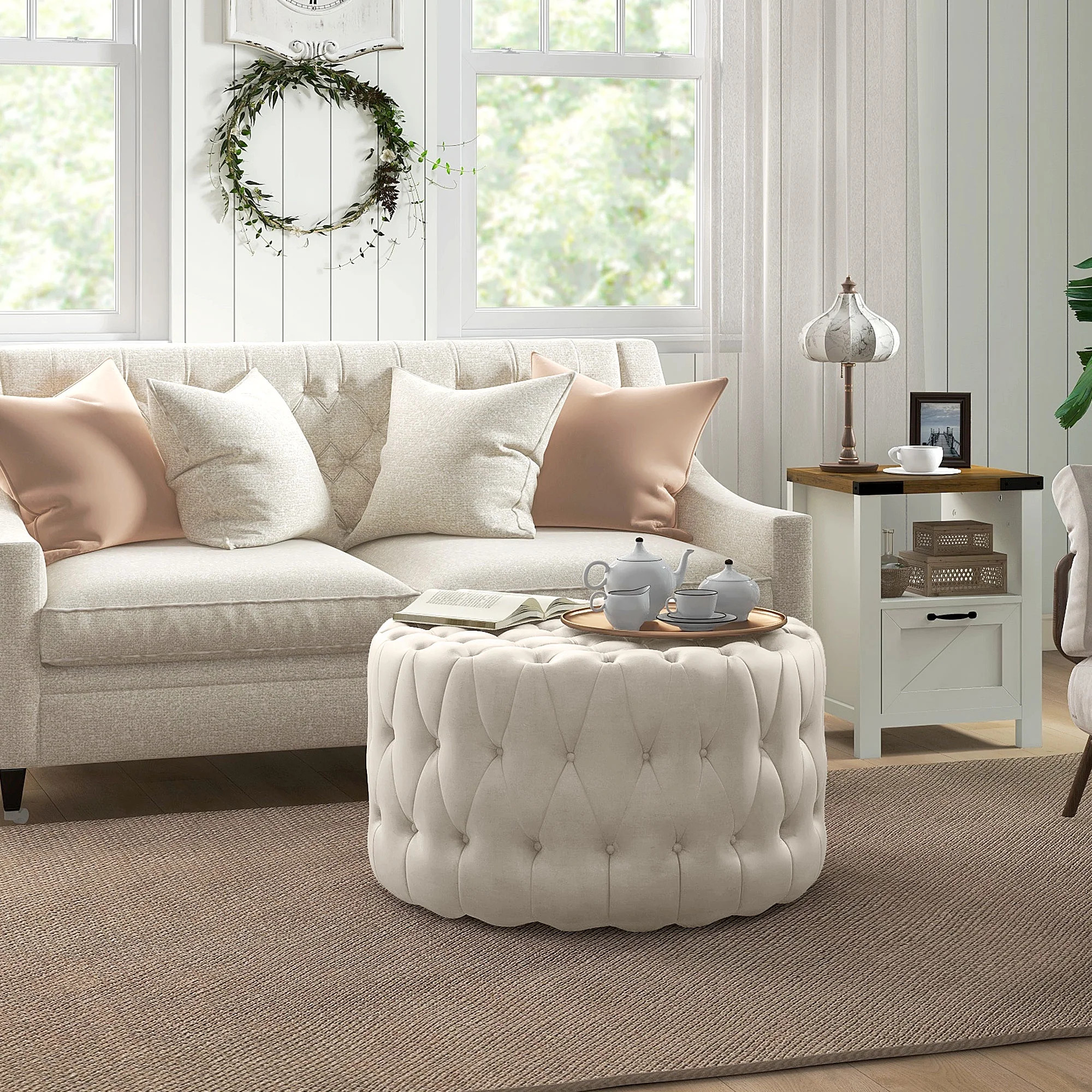 HOMCOM Button Tufted Ottoman Foot Stool with Velvet-feel Upholstery, Beige - Walmart.com | Walmart (US)