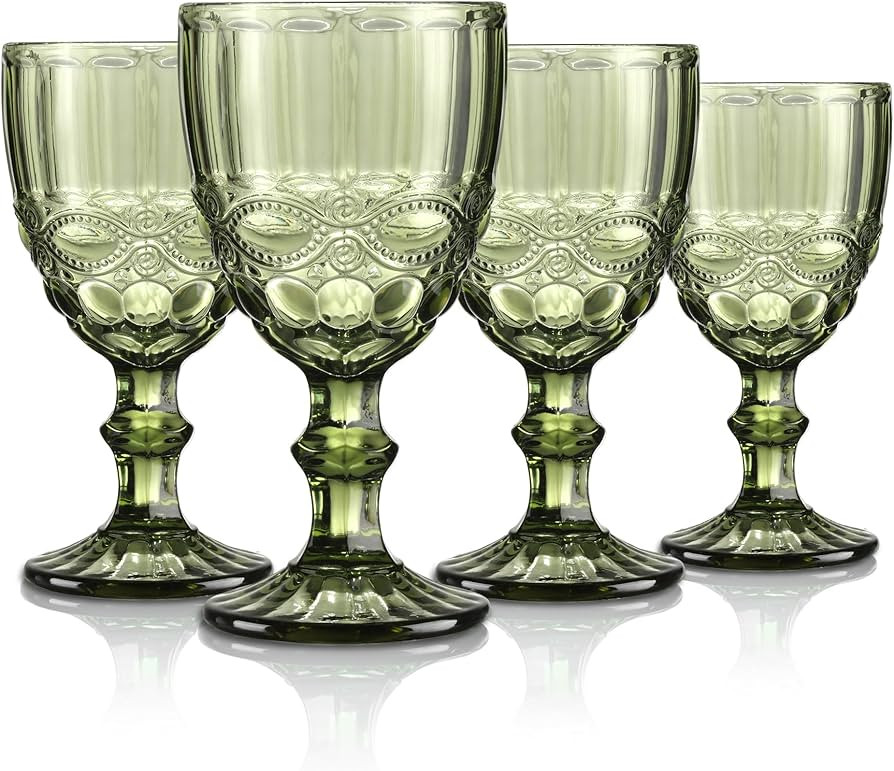 Joeyan Green Vintage Wine Glasses,Clear Water Goblet Glasses with Embossed Serpentine Pattern,Ste... | Amazon (US)