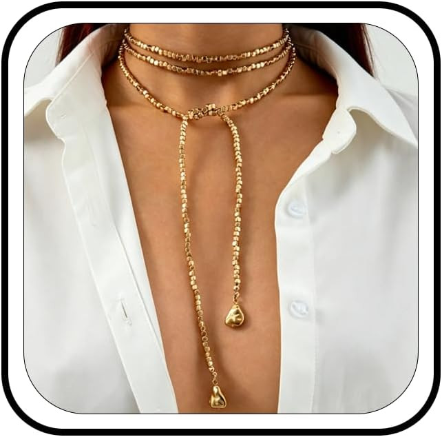 Gold Lariat Tie wrap Necklace for Women Chunky Beaded Long Chain | Amazon (US)