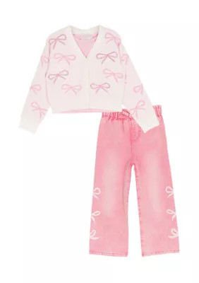 Rare Editions Girls 4-6 Bow Sweater and Pink Jeans Set, 6X | Belk