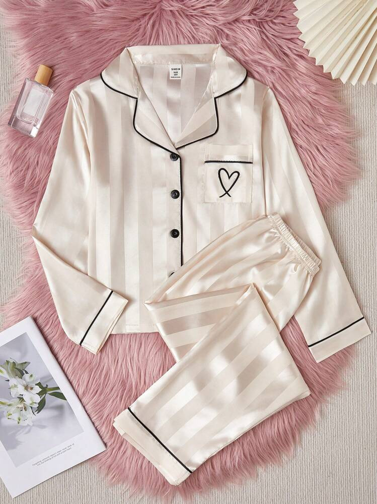 2pcs Tween Girls' Simpilistic Champagne Striped Long Sleeve Cardigan And Pants Pajama Set | SHEIN