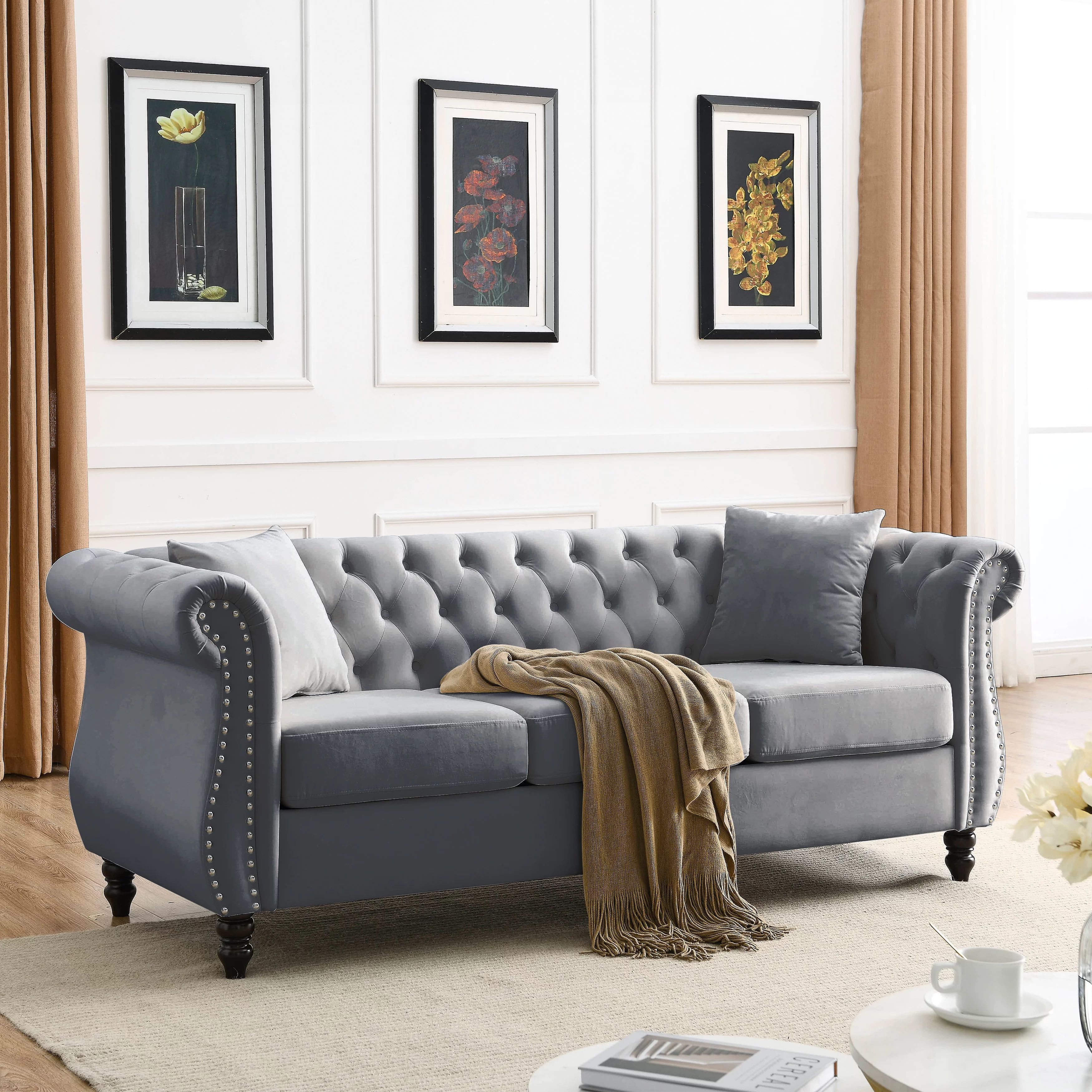 KAMIDA Futon Velvet Sofa, 80" Tufted Sofa for Living Room, 3 Seater Sofa Couch with Nailhead Trim... | Walmart (US)