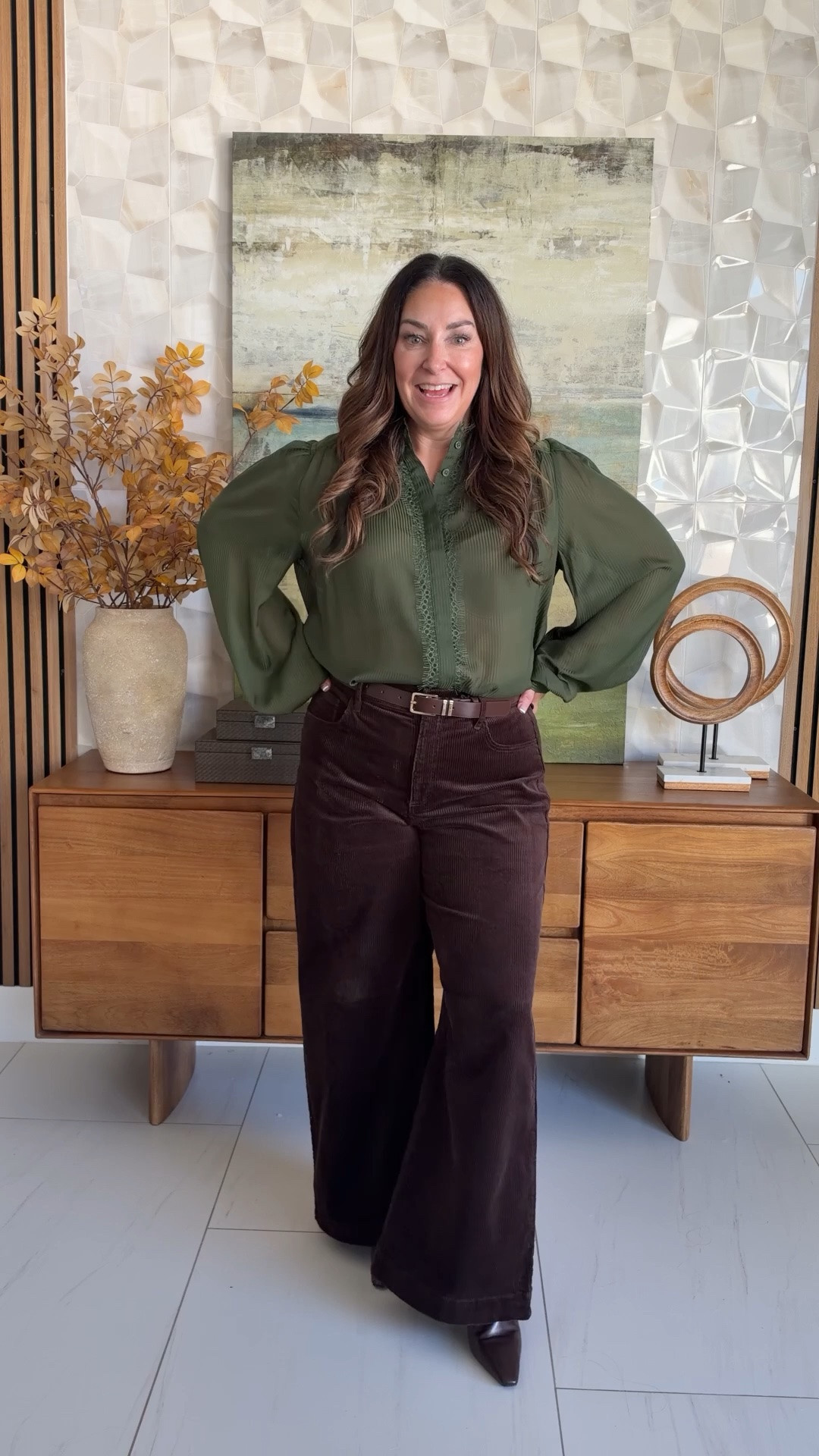 Olive blouse + corduroy wide-leg pants 🍂 The easiest fall outfit formula! The blouse is so pretty with lace details but is sheer so add a cami and these high-rise cords are flattering and cozy 🤎

Sizing: Blouse tts, L  | Pants tts, 12