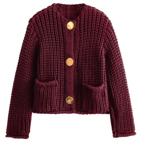 Yimoon Women's Cropped Cardigan Sweaters Button Down Chunky Knit Sweater Long Sleeve Fall Open Front Cardigan(DarkRed-XS) | Amazon (US)