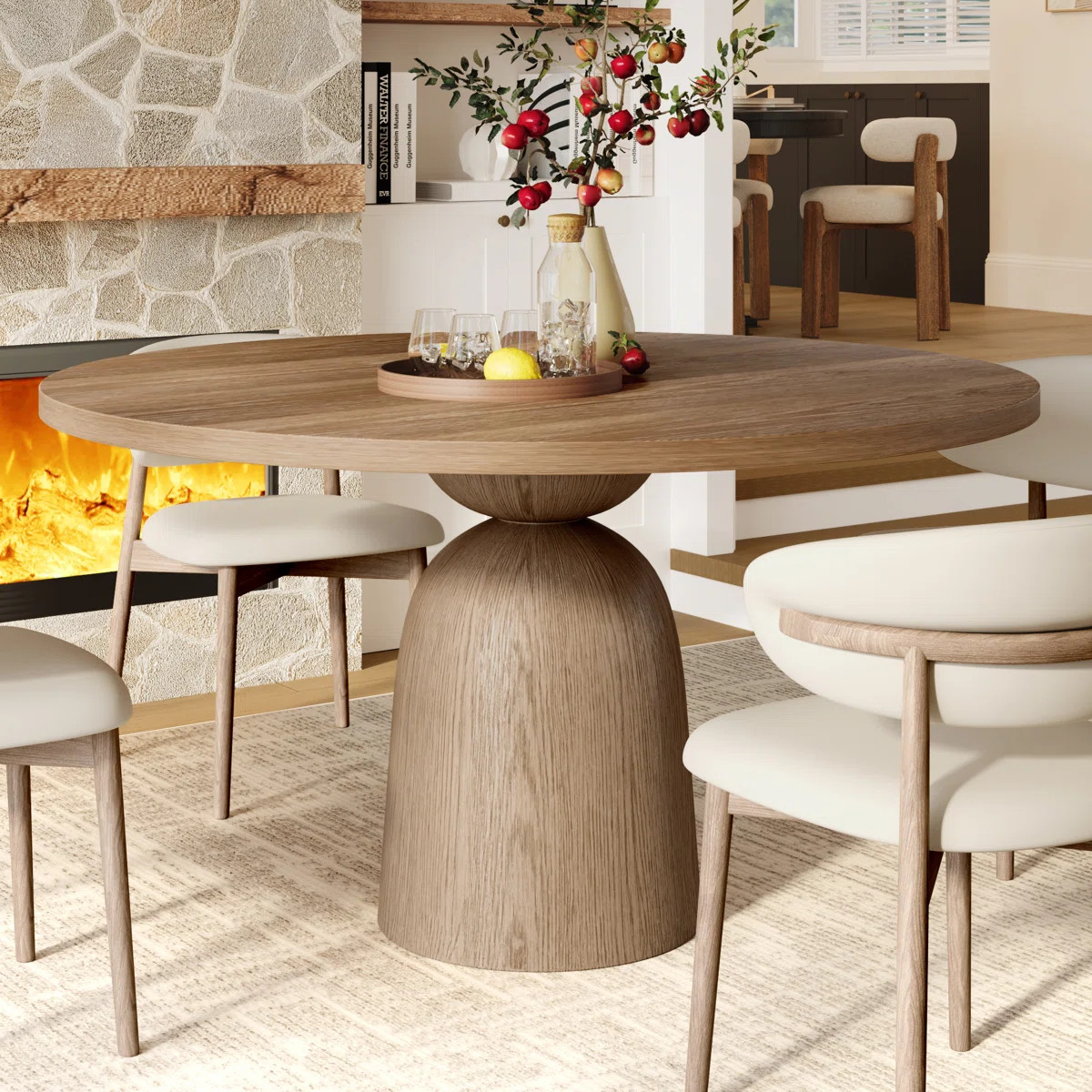 3/5/7 Pcs Mid-Century Solid Wood Round Dining Table Sets With Comfort Upholstered Kitchen Chairs ... | Wayfair North America