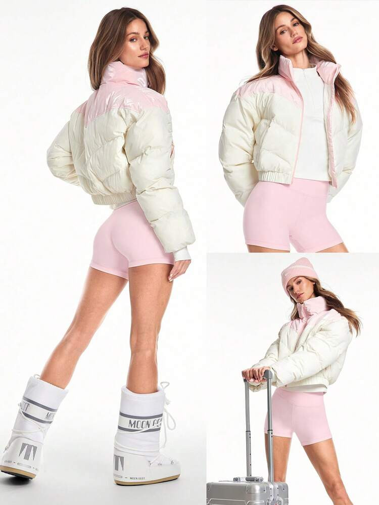 GLOWMODE Chaqueta Acolchada Corta Con Acabado Brillante Y Mate, Resistente Al Viento, Con Cuello, Puños, Cremallera Y Bolsillos, Ideal Para Otoño, Invierno, Actividades Al Aire Libre, Nieve, Esquí Y Uso Diario Casual | SHEIN