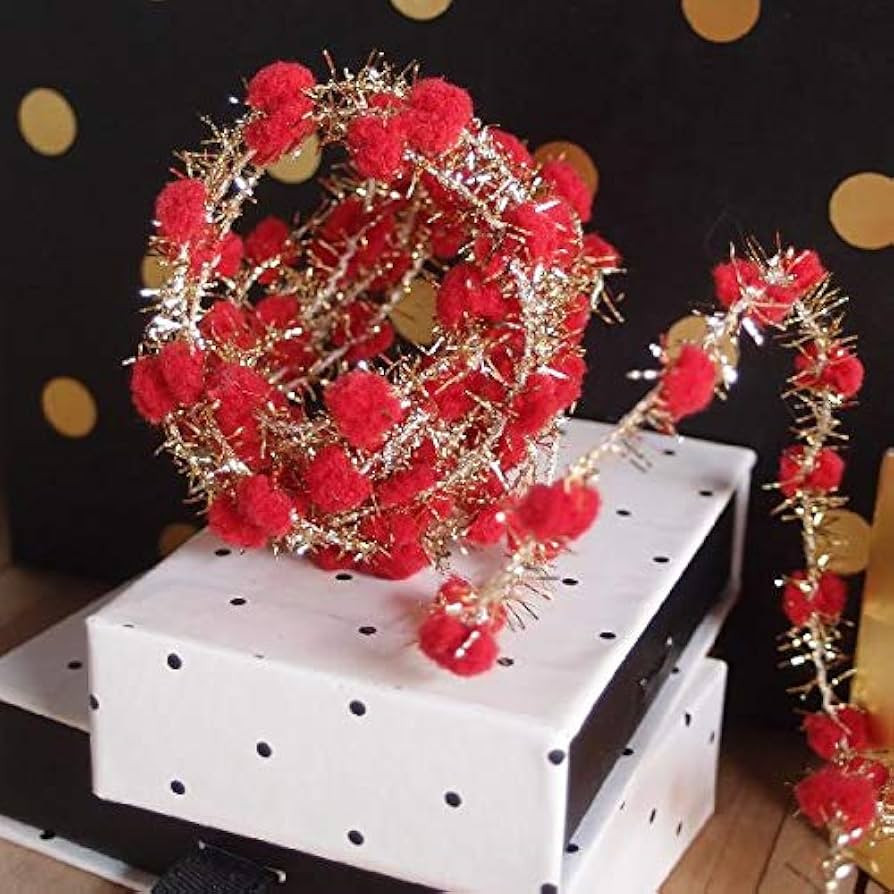 10 Yards Fuzzy Pom Pom Wired Trim Ribbon Lace - Red with Gold Tinsel | Amazon (US)