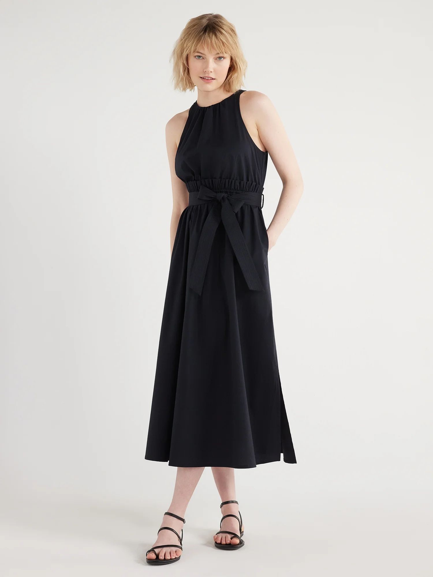 Scoop Women's Pleated Poplin Halter Dress with Self Tie Belt, Sizes XS-XXL | Walmart (US)