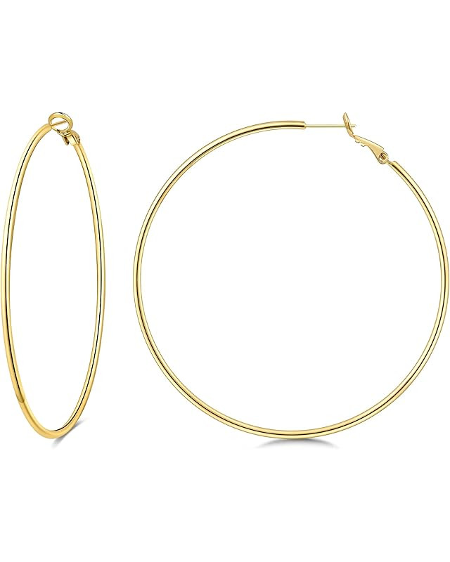 Dainty 70mm 14K Yellow Gold Silver Big Large Hoop Earrings For Women Girls Sensitive Ears Fashion... | Amazon (US)