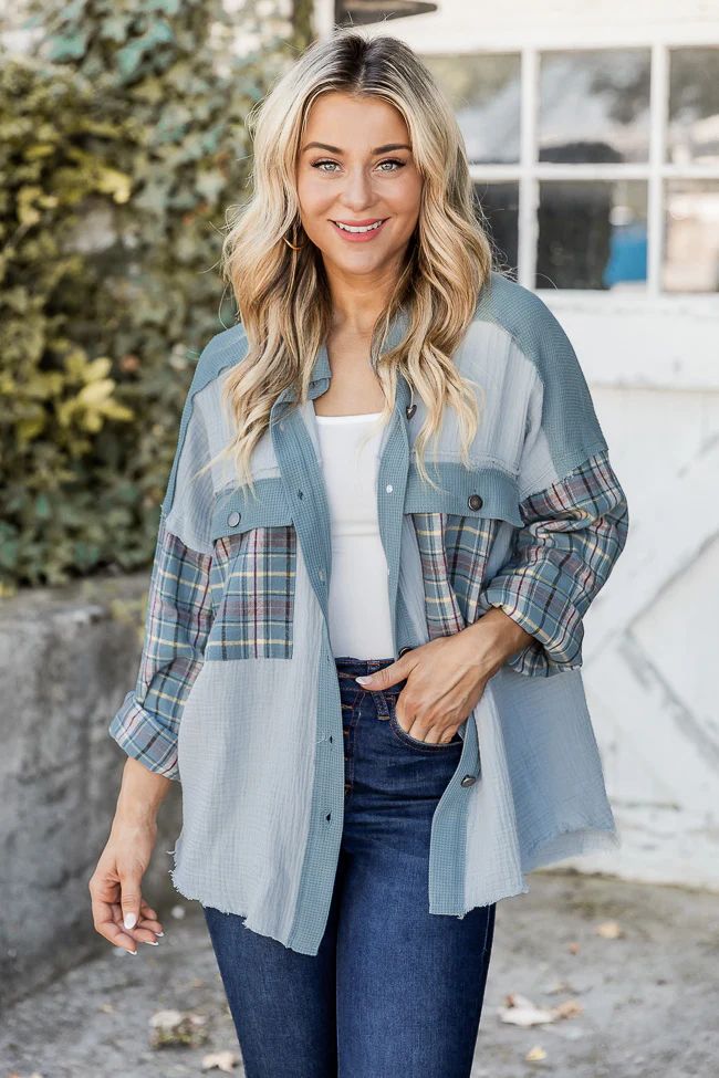 Make That Clear Blue and Plaid Color Block Button Front Blouse | Pink Lily