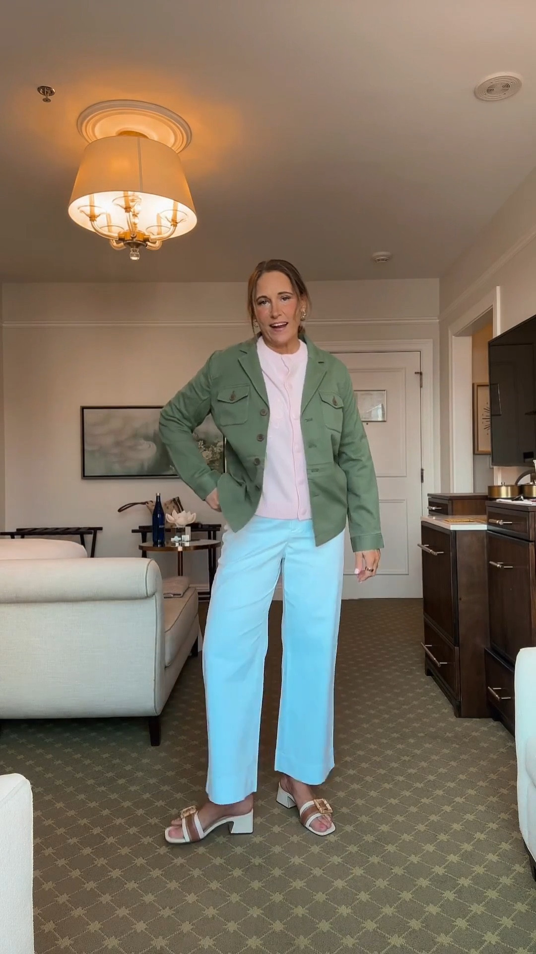 Gorgeous outfit styled by Tiffany with the prettiest pale pink and olive green combo. The pants are such a great fit and pull the whole look together. Wearing a medium sweater, size 10 pants, and a size 10 jacket—size up if between sizes. s

#LTKOver40 #LTKdayinmylife #LTKMidsize