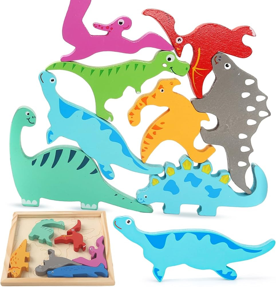 LovesTown 12PCS Stacking Dinosaur Puzzles, Preschool Wooden Dinosaur Toys Chunky Jigsaw Puzzles f... | Amazon (US)