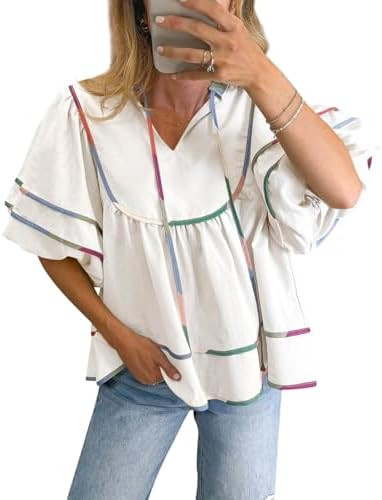 Cicy Bell Womens Summer Babydoll Tops V Neck Short Lantern Sleeve Shirts Cute Loose Fit Peplum Fl... | Amazon (US)