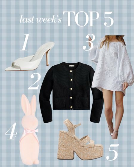 Last week’s top 5 best sellers! The white heels that everyone keeps purchasing, a cute lady jacket from J. Crew, an easy white mini dress for all your spring trips and parties, the under $10 flocked Easter bunny (available in lots of colors) and the chunky platform sandals that will go with most any casual outfit!

#LTKshoecrush #LTKFind #LTKstyletip