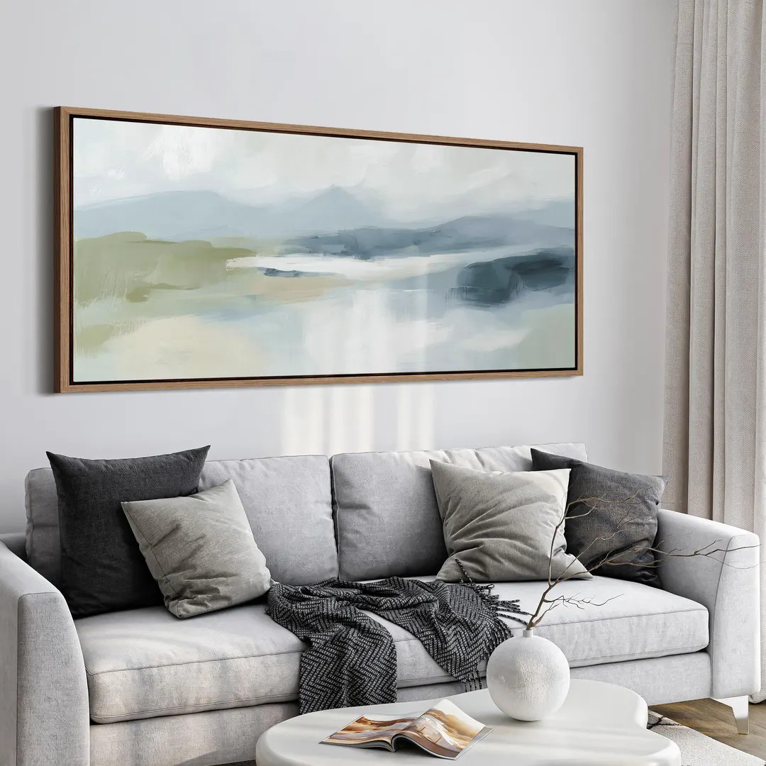 Abstract Blue & Green Landscape Wall Art - Large Framed Canvas Print, Soft Horizon Painting for M... | Etsy (US)