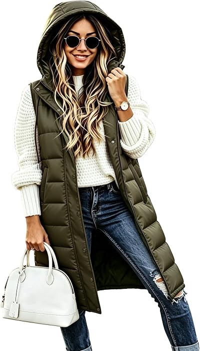 Womens Long Hooded Quilted Puffer Vest Zip Up Quilted Gilet Jacket | Amazon (US)