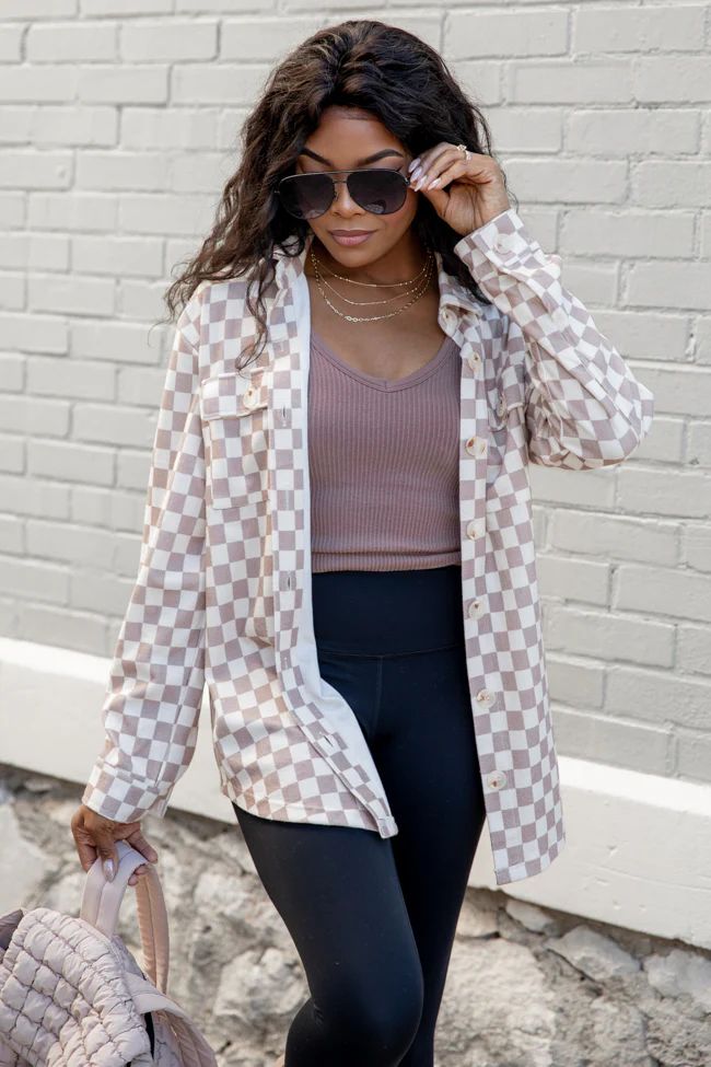 In Those Days Tan Checkered Knit Shacket DOORBUSTER | Pink Lily