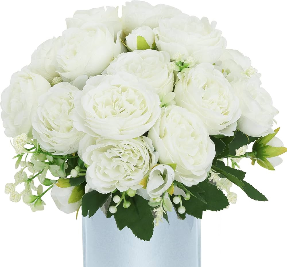 CEWOR 3 Bundles White Flowers, Artificial White Roses Fake Flowers Bulk, Faux White Silk Peony Bo... | Amazon (US)