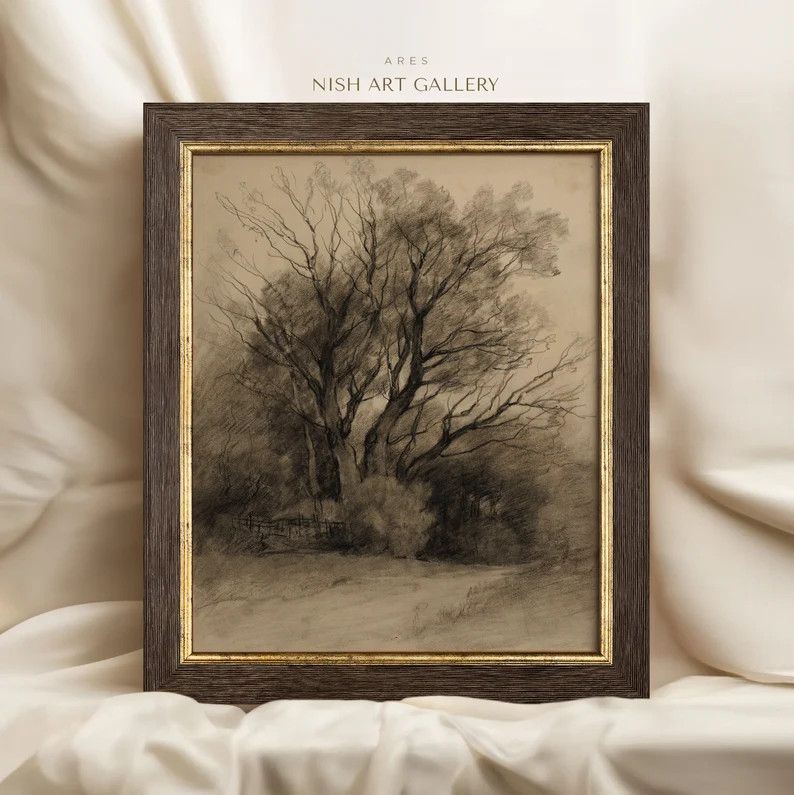 Dark Moody Art Prints FRAMED | Tree Sketch Art | Vertical Vintage Landscape Painting Print | Rust... | Etsy (US)