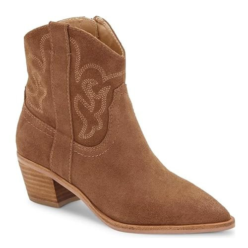 Coutgo Women's Cowgirl Western Ankle Boots Pointed Toe Chunky Heel Stitching Cowboy Booties, Brown, Size 10 | Amazon (US)