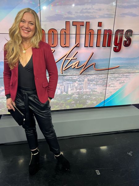 Styled my cute Friend Kjirstin for a holiday segment 🎄♥️

Notch blazer tts 
V neck bodysuit tts 
Faux leather joggers tts

Save 10% with code DARCY10

Cutest black suede booties with detachable rhinestones bling 
Cecilia New York  size up 
TTS is a little tight

Corduroy black tassel clutch 
Save 20% off  with code DARCY20

All jewelry Julie vos 

#LTKstyletip #LTKover40 #LTKHoliday
