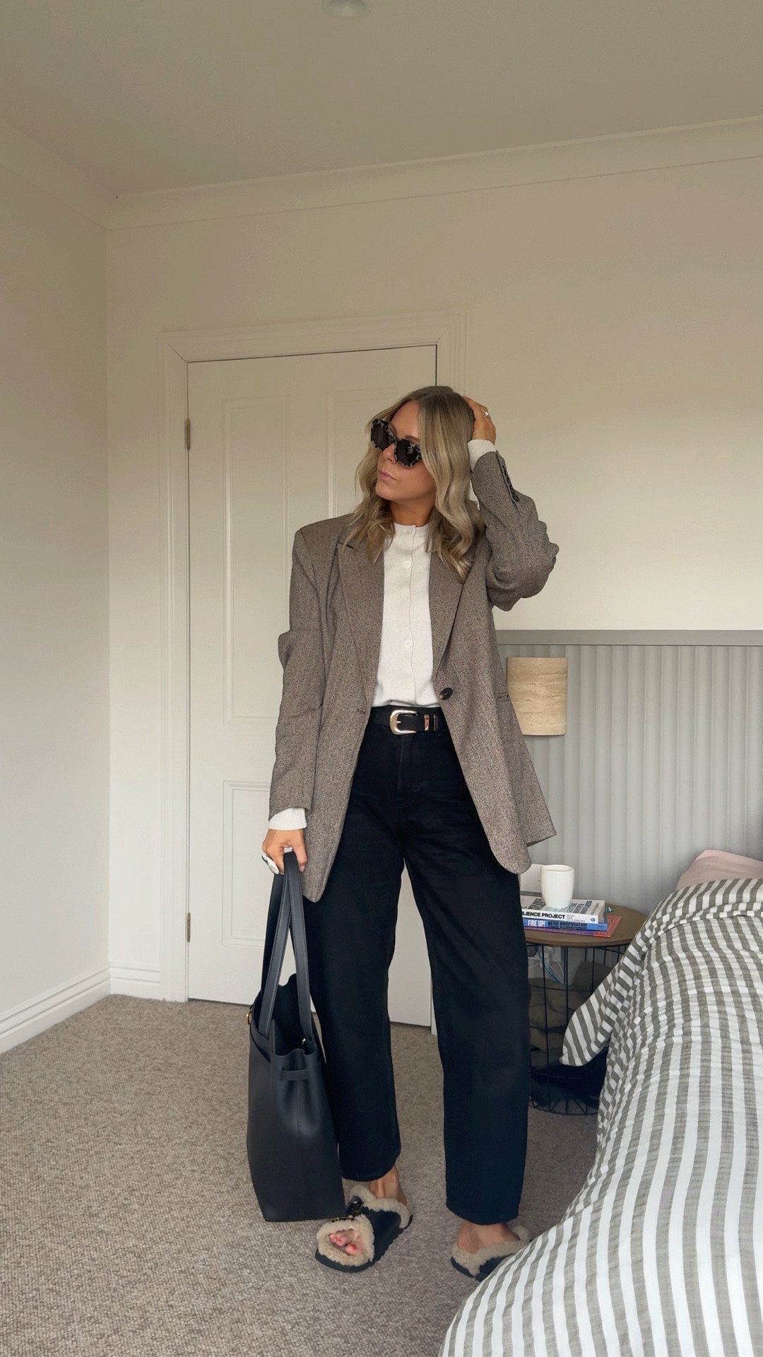 On Mondays we wear barrel jeans and shearling sandals to work x I’m in a 10 in the jeans and blazer, and a medium in the cardigan x#LTKwinter 

#LTKaustralia #LTKstyletip