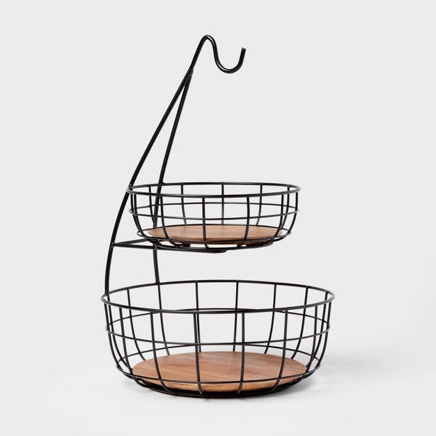 Iron and Mangowood Wire 2-Tier Fruit Basket with Banana Hanger Black - Threshold&#8482; | Target