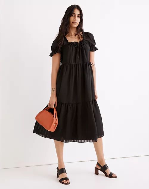 Square-Neck Tiered Midi Dress in Textured Seersucker | Madewell