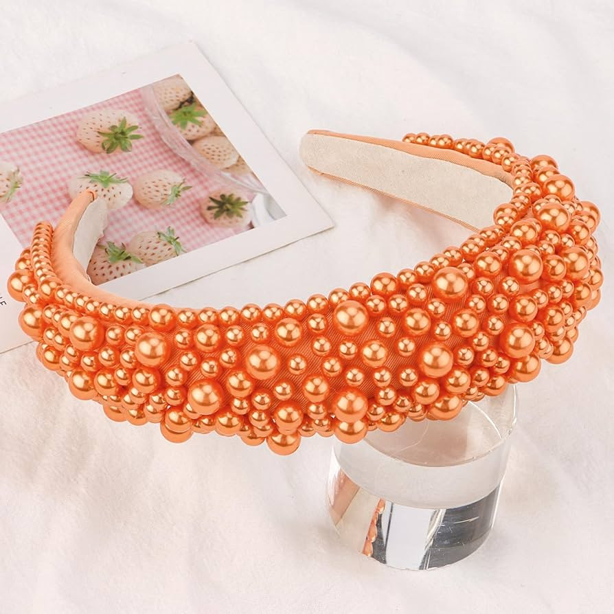Orange Pearl Headbands for Women, Gold Wide Padded Hair Hoop with Faux Pearl for Bridal, Bling We... | Amazon (US)