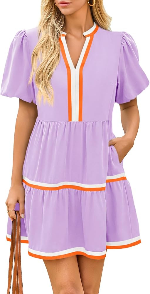 Cicy Bell Womens V Neck Floral Mini Dress Short Puff Sleeve Patchwork Summer Casual Boho Dresses | Amazon (US)