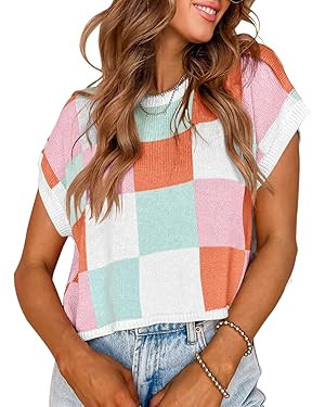 Saodimallsu Womens Cap Sleeve Crop Tops Summer Color Block Going Out Crew Neck Knit Trendy Casual... | Amazon (US)
