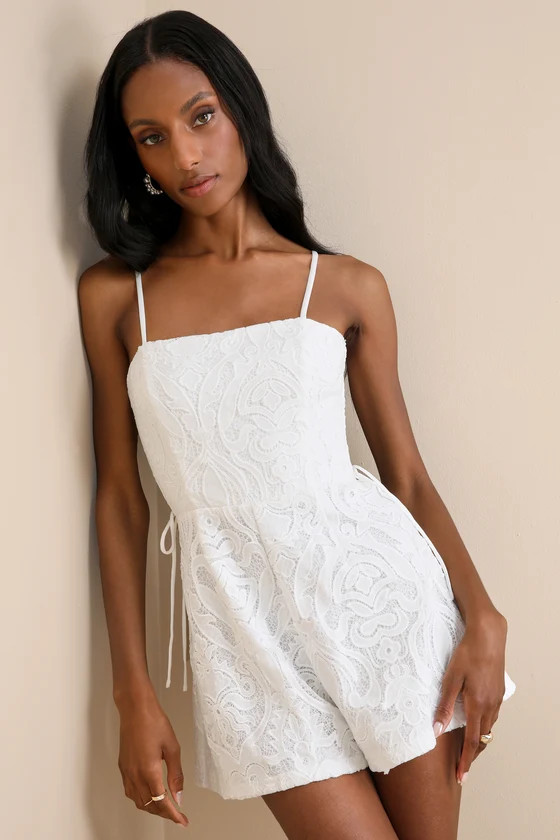 Exceedingly Poised White Lace Sleeveless Lace-Up Romper | Lulus