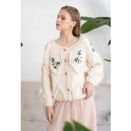 Floral Stitch Zig Zag Pom-Pom Hand Knit Cardigan | Chicwish