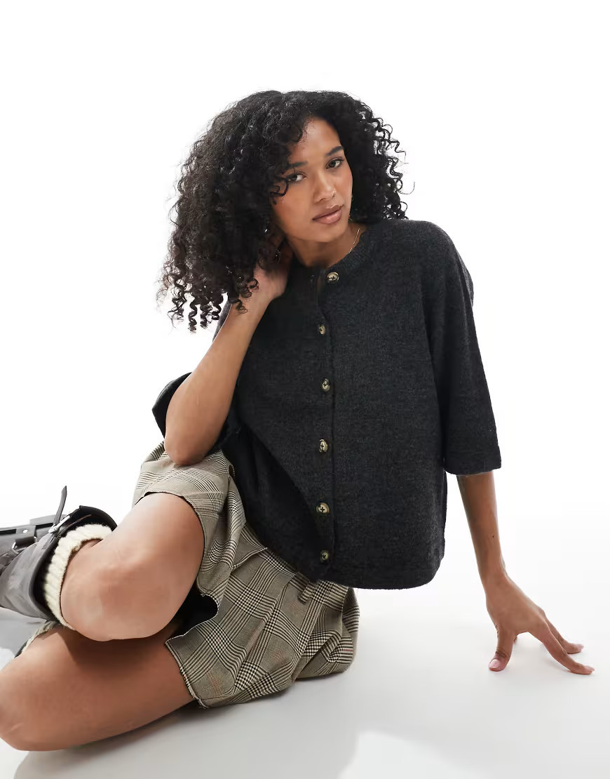 ONLY short sleeve knitted cardigan in dark grey | ASOS (Global)