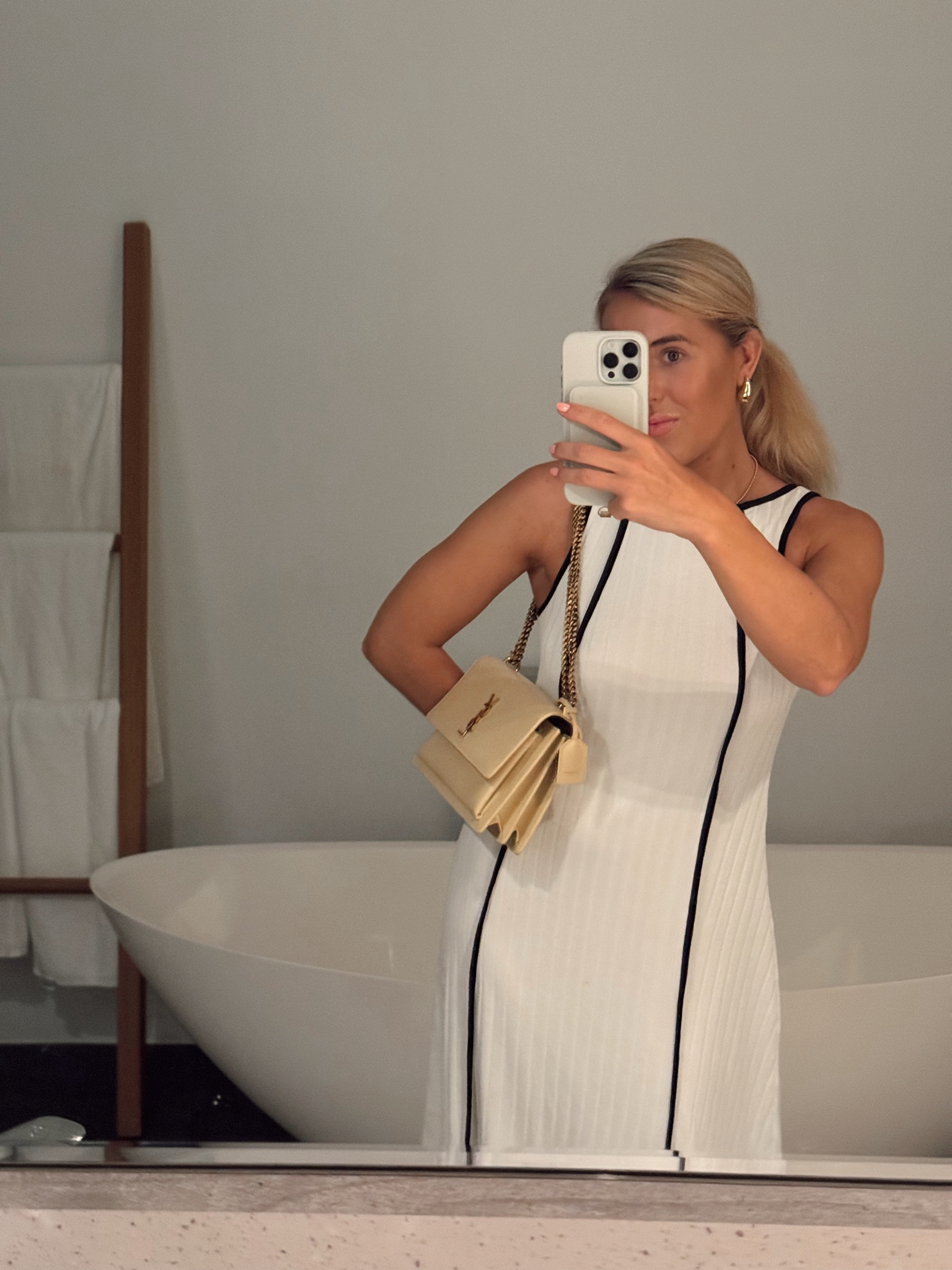 White ribbed dress - white piped dress - black and white dress - white dress with piping detail - ysl bag - saint laurent bag - ysl sunset bag - yves saint Laurent bag - saint Laurent sunset bag - medium sunset bag - white maxi dress - gold earrings - teardrop earrings - holiday dress - beige bag - ysl sunset medium bag 

#LTKitbag #LTKeurope #LTKtravel