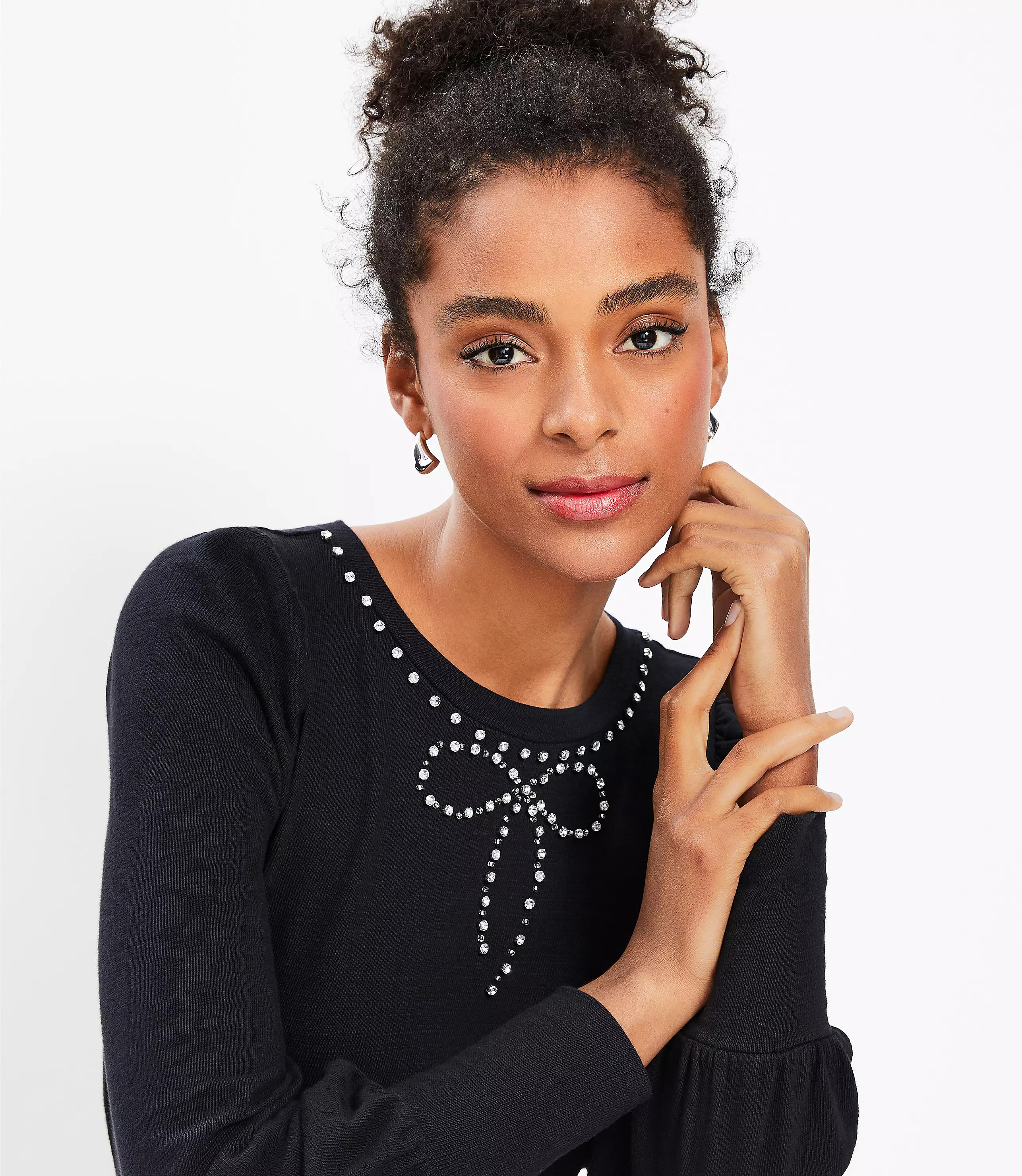 Sparkle Bow Cozy Puff Sleeve Sweatshirt | LOFT