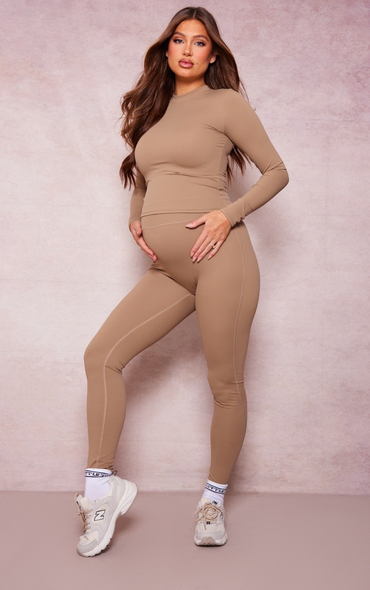 Maternity Taupe Sculpt Luxe High Waisted Gym Leggings | PrettyLittleThing UK