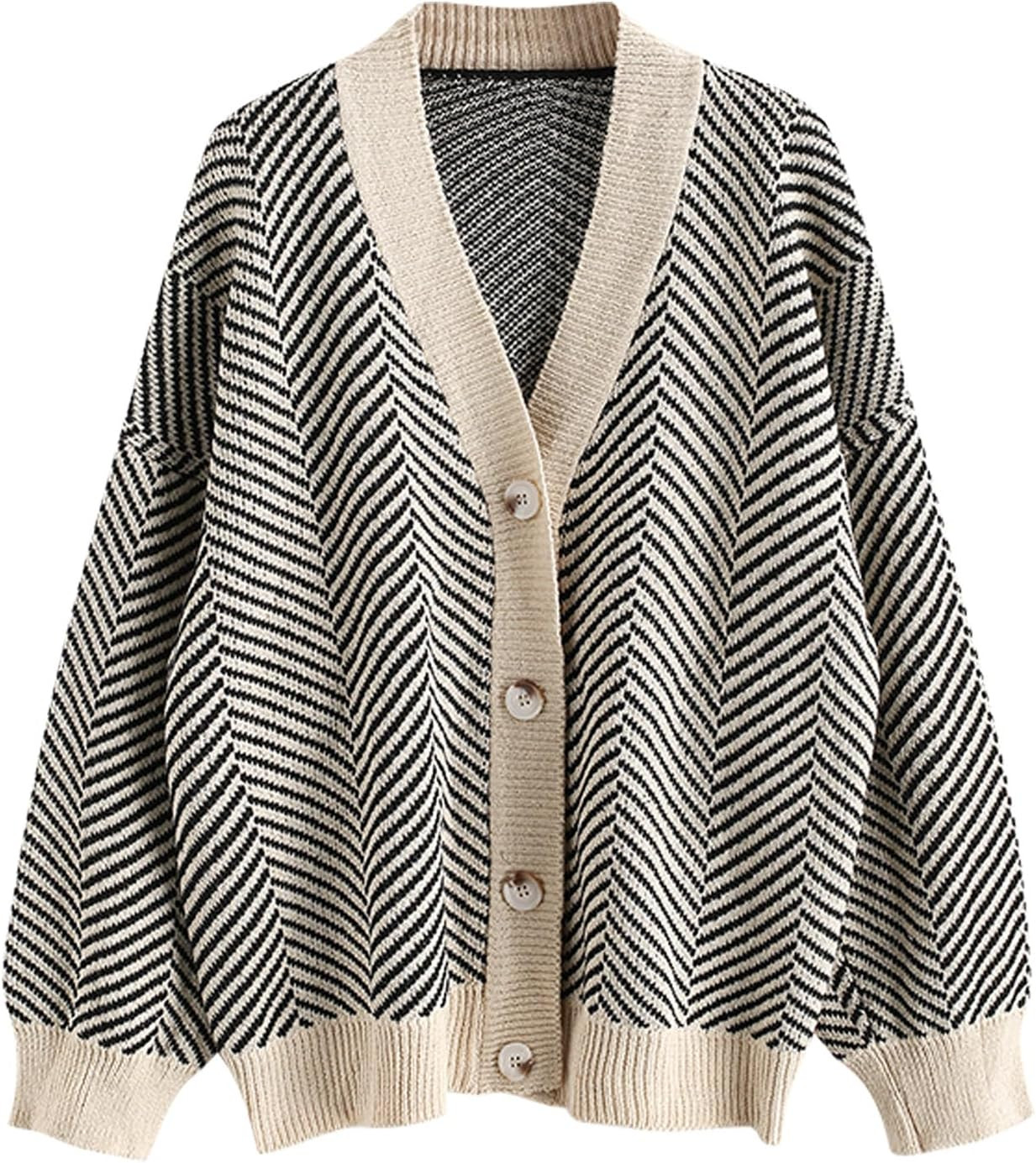 ZAFUL Women's Striped Cardigan Button Up Open Front Knit Oversized Sweater | Amazon (US)