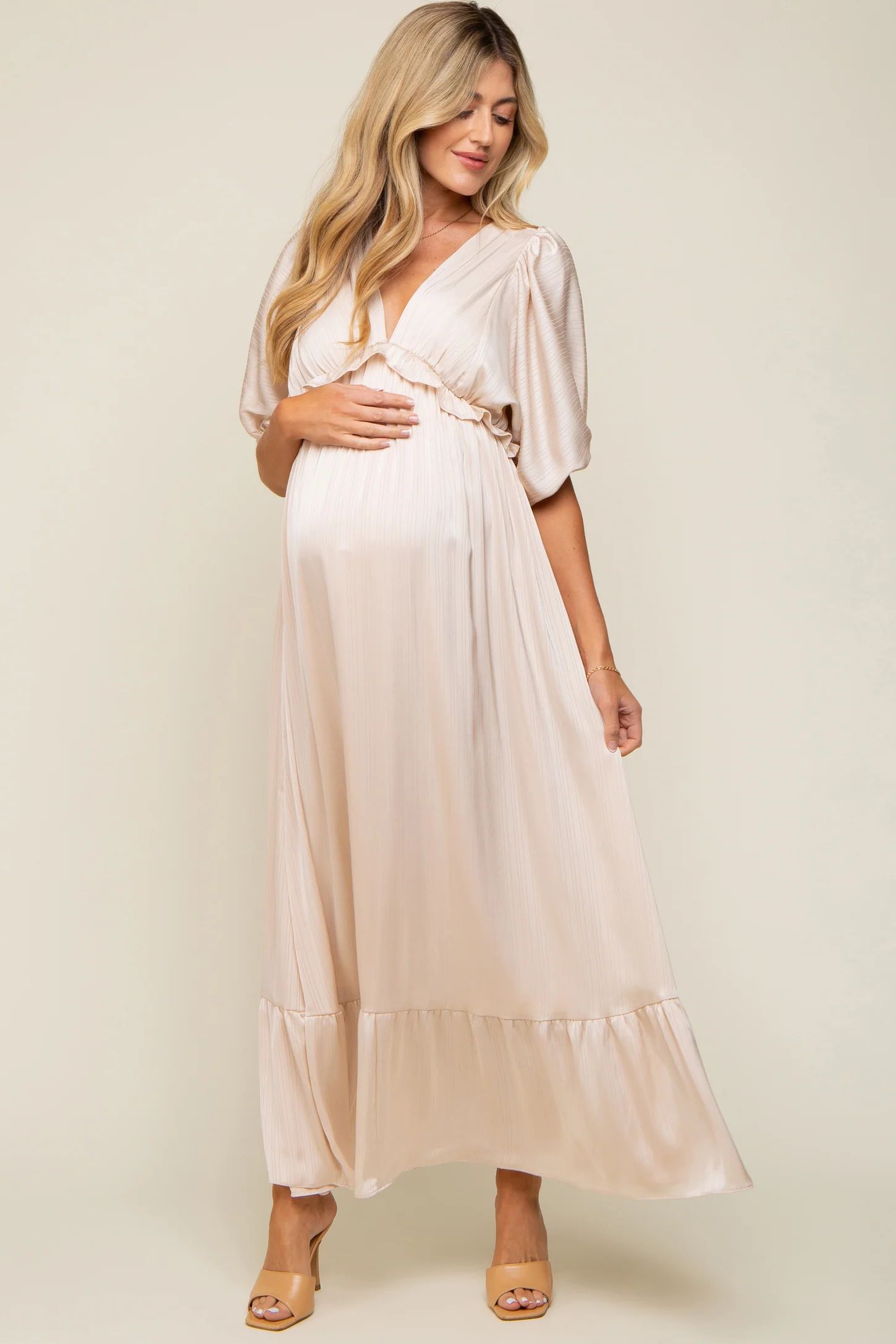 Beige Striped Ruffle Accent Maternity Maxi Dress | PinkBlush Maternity