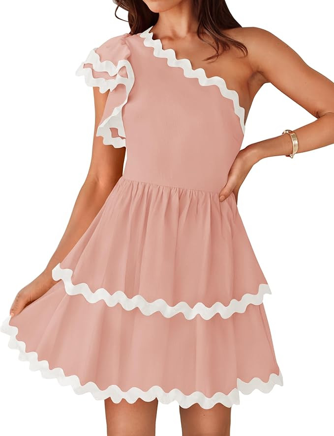 ZESICA Women's 2025 Summer One Shoulder Dresses Ruffle Short Sleeve Tiered Layered Swing A Line M... | Amazon (US)