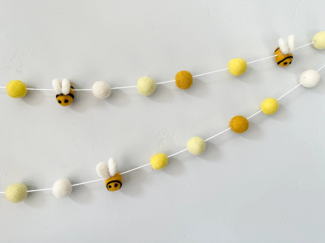 Bright Bumble Bee Garland - Gold Yellows White Felt Ball Honey Bee Banner - Summery Tiered Tray -... | Etsy (US)