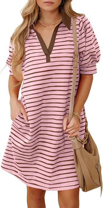 BLENCOT Casual Summer Dresses for Women Trendy T Shirt Beach Sundress     Womens Summer Striped C... | Amazon (US)