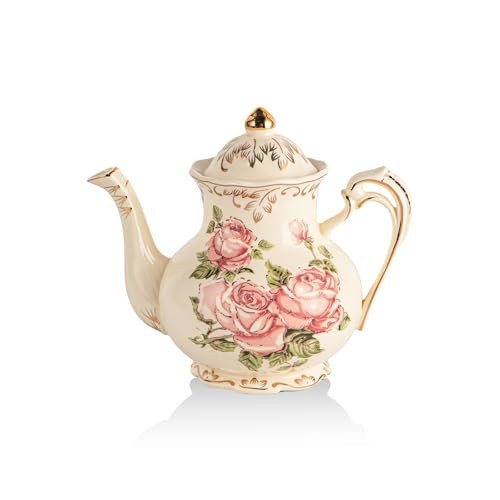 YOLIFE Small Pink Rose Teapot, 25oz/ 2 Cup Vintage Ivory Ceramic Tea Pot, Floral Teapot with Gold Trim, Gifts for Women | Amazon (US)