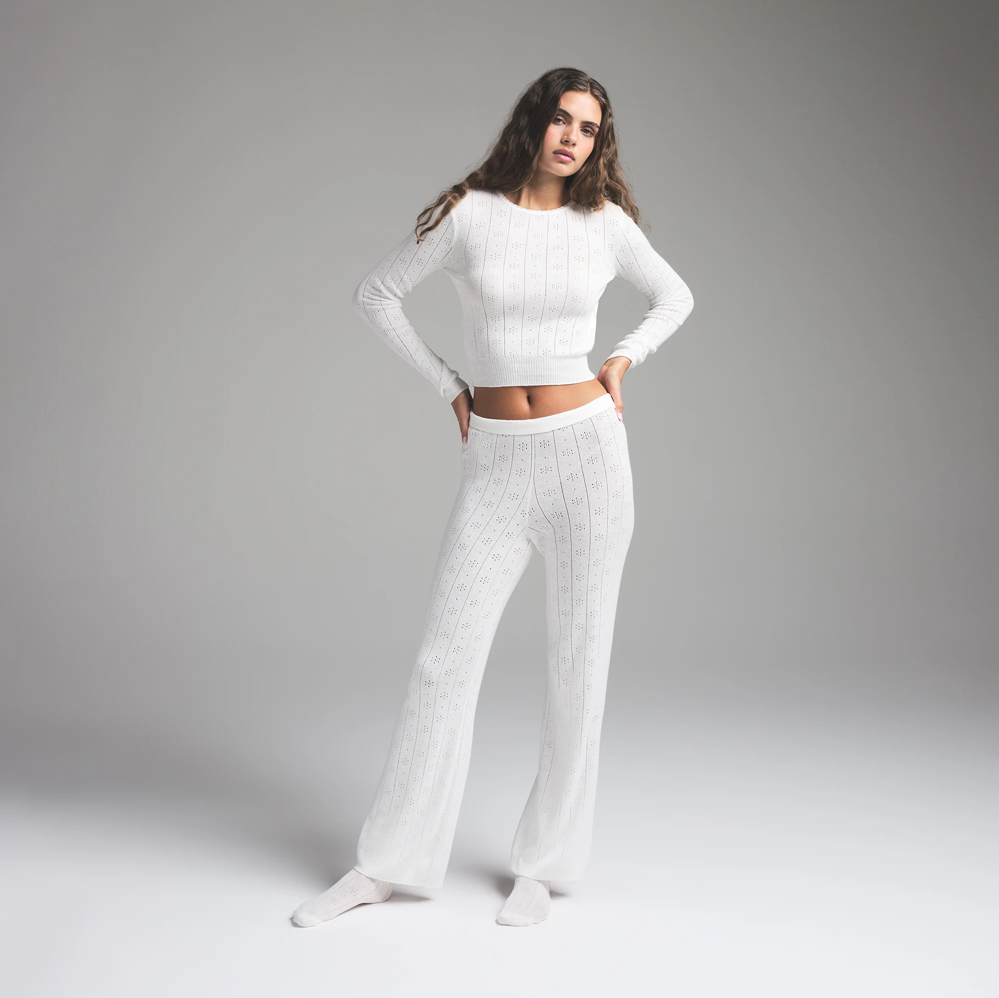 SKIMS Long Sleeve Top | White | Small | Sweater Pointelle | SKIMS (US)