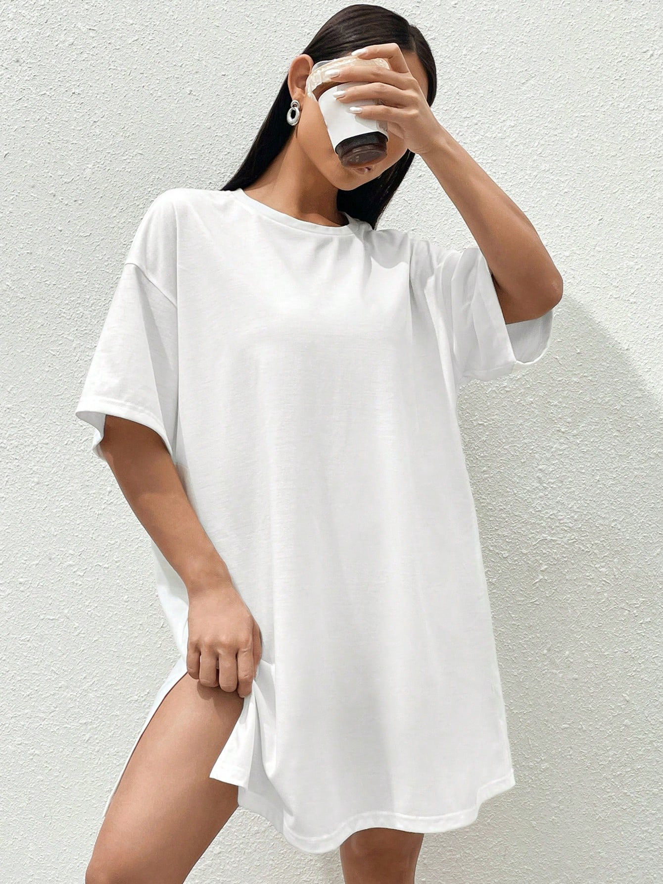 SHEIN EZwear Solid Drop Shoulder Split Hem Tee Dress | SHEIN