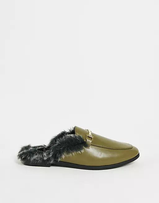 ASOS DESIGN backless mule loafer in khaki faux leather with faux fur | ASOS (Global)