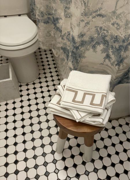 Bath towels, shower curtain, stool, marble bath accessories 

#LTKHome