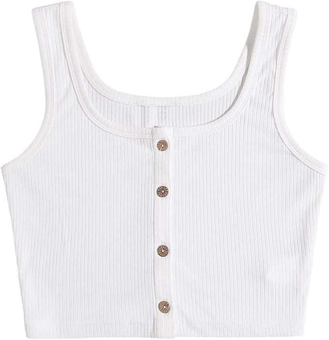 SweatyRocks Women's Casual Sleeveless Button Front Scoop Neck Ribbed Knit Tank Crop Tops | Amazon (US)