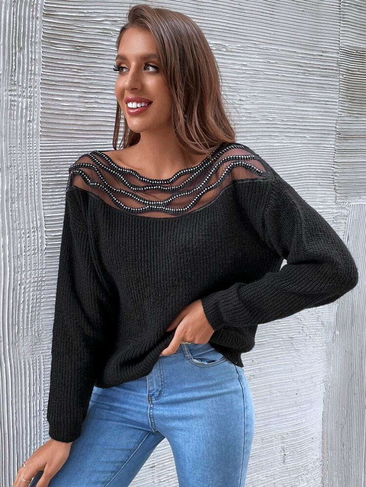 Mesh Yoke Drop Shoulder Sweater | SHEIN
